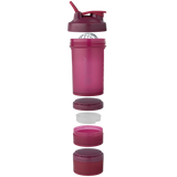 ProStak® shaker, featuring a wire whisk and integrated storage containers for supplements, ensuring smooth drinks and convenient portability for athletes.
